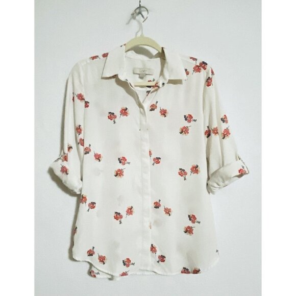 LOFT Womens Small White Button Up Top Roll Tab Long Sleeves Pink Floral Print - Picture 5 of 8